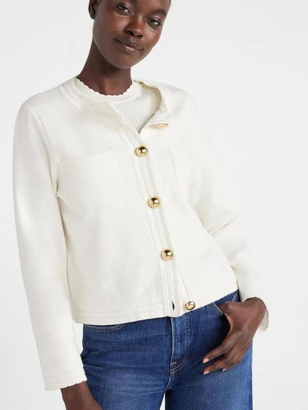 Free Assembly White Button-Front Cardigan Sweater with Gold Buttons